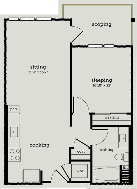 Floor plan for 1 bed, 1 bath, 681 sqft